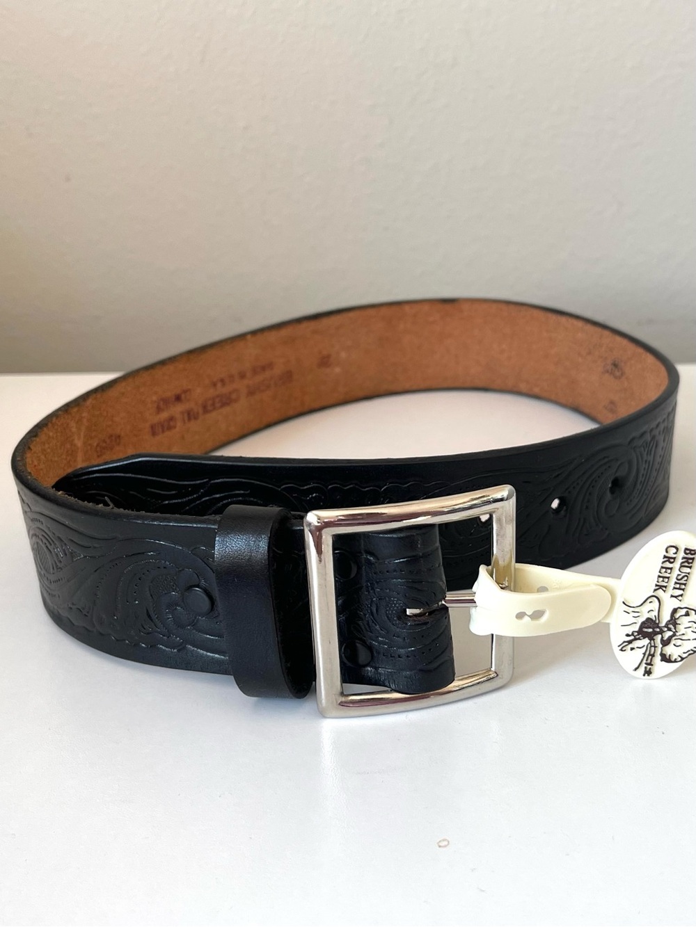NWT Brushy Creek Leather Belt - Black Tooled Western Floral USA Made - Size 28